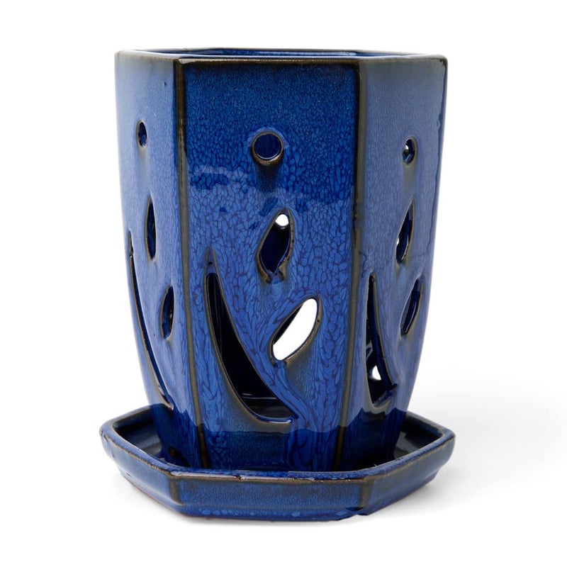 rePotme 4 x 6 inch Hexagon Ceramic Orchid Pot with Holes (Midnight Blue) - Ideal Plant Pot for Repotting Orchids and Other Flowers - Indoor/Outdoor - Image 2